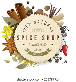 spice shop paper emblem with different spices