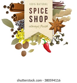 spice shop paper emblem with different spices in vintage style