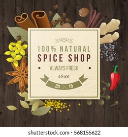 spice shop paper emblem with different spices in vintage style on wooden background