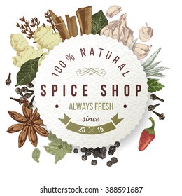 spice shop paper emblem with hand drawn spices