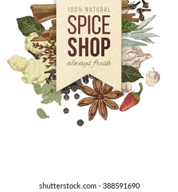 spice shop paper emblem with hand drawn spices