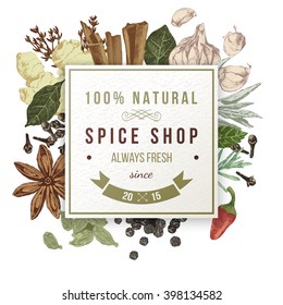 spice shop paper emblem with hand drawn spices