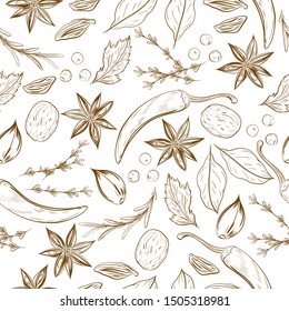 spice shop seamless pattern, indian spices, handwritten lettering