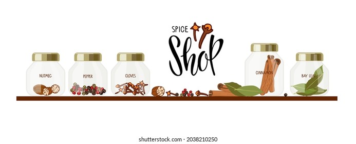 Texto de la tienda de especias y juego de especias. Colección de jarras en el estante. Conjunto de diferentes variedades de especias. Vector plano de producto orgánico. Ingrediente de cocina con sabor. Un picante condimento caliente para cocinar.