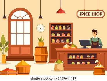 Spice Shop Vector Illustration With Different Hot Sauces, Condiment, Exotic Fresh Seasoning and Traditional Herbs in Flat Cartoon Background