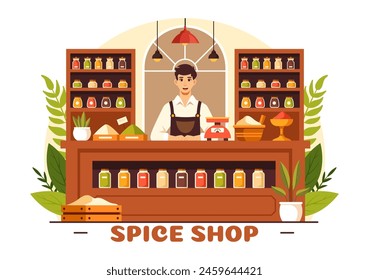 Spice Shop Vector Illustration With Different Hot Sauces, Condiment, Exotic Fresh Seasoning and Traditional Herbs in Flat Cartoon Background