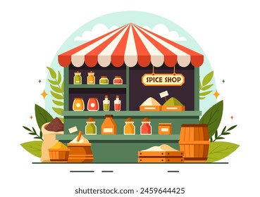 Spice Shop Vector Illustration With Different Hot Sauces, Condiment, Exotic Fresh Seasoning and Traditional Herbs in Flat Cartoon Background