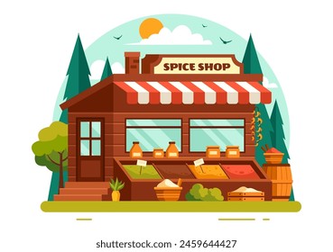 Spice Shop Vector Illustration With Different Hot Sauces, Condiment, Exotic Fresh Seasoning and Traditional Herbs in Flat Cartoon Background