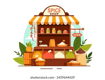 Ilustración vectorial de la tienda de especias con diferentes salsas calientes, condimento, condimento fresco exótico y hierbas tradicionales en fondo plano de la historieta