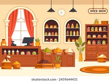 Spice Shop Vector Illustration With Different Hot Sauces, Condiment, Exotic Fresh Seasoning and Traditional Herbs in Flat Cartoon Background