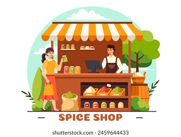 Spice Shop Vector Illustration With Different Hot Sauces, Condiment, Exotic Fresh Seasoning and Traditional Herbs in Flat Cartoon Background