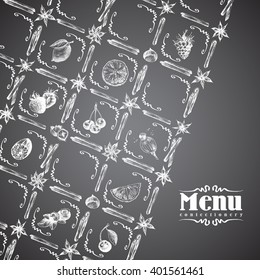 Spice sketch vector menu cover with fruit and berry pattern on black background for baking and sweet themes. Chalk imitation style.