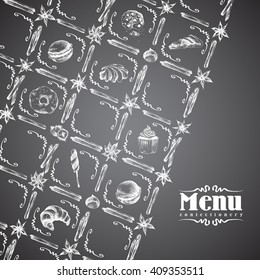 Spice sketch vector menu cover with sweet and pastry pattern on black background for baking and sweet themes. Chalk imitation style.