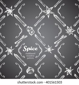Spice sketch vector seamless pattern with hazelnut, anise and cinnamon on black background for baking and sweet themes. Chalk imitation style.