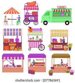 Spice stall vector, isolated set of markets and shops. Ice cream and coffee truck with seller, butchery and flowers selling, vegetable and bread shop