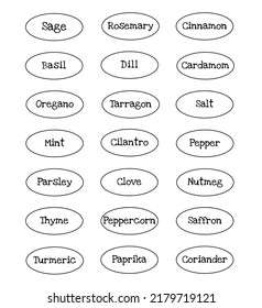 Spice stickers for jars on a white background. Idea for kitchen interior.