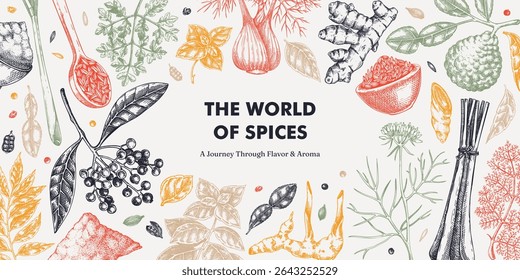 Spice vector illustration. Hand drawn basil, galangal, cumin,  turmeric, lemongrass, lime sketches. Kitchen herbs collection. Food design elements NOT AI generated