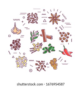 Banner de la web de especias. ingrediente de cocina. Infografía con iconos lineales sobre fondo marrón. Concepto creativo. Ilustración de color de contorno aislada