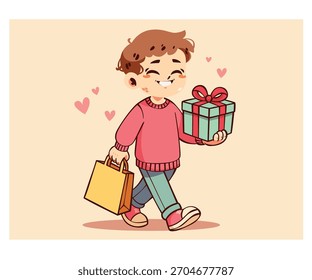Apimentar suas promoções Black Friday ou Boxing Day com esta ilustração de desenho animado de um menino alegre que faz compras e oferece presentes