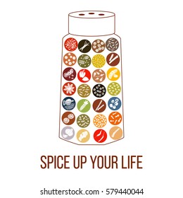 Spice up your life sentence. humorous pepperbox with flat popular culinary spices white silhouettes on Color background. Ginger, chili pepper, garlic, nutmeg, anise. For logo, design, poster, prints