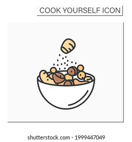 Spiced nuts color icon.Mix of spicy nuts in a bowl.Homemade healthy snacks. Diet and vegetarian easy meal. Isolated vector illustration