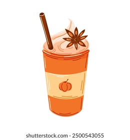 Spiced pumpkin coffee in disposable cup, topped with whipped cream, straw and a star anise. October autumn cozy drink in cartoon style. Vector illustration isolated on a white background.