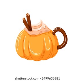 Spiced pumpkin coffee in pumpkin shaped mug, topped with whipped cream and cinnamon sticks. Beverage for Halloween october design in cartoon style. Vector illustration isolated on a white background.