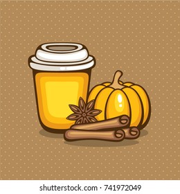 Spiced pumpkin coffee. Vector illustration for menu, logo and label. Yummy drink to go.