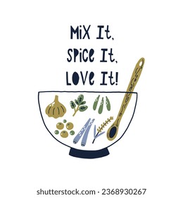 Spiced Salad Bowl. Organic Food Cooking Ingredient Spice and Herbs with lettering