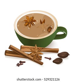 Spiced Tea. Warming beverage with cinnamon, star anise, cardamom,  cloves and nutmeg. Decorative vector illustration with spices and ingredients to cook indian masala tea on chalkboard background.