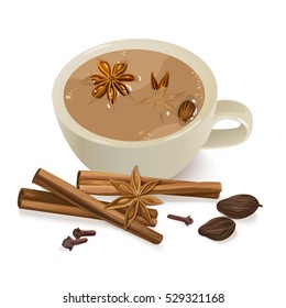 Spiced Tea. Warming beverage with cinnamon, star anise, cardamom,  cloves and nutmeg. Decorative vector illustration with spices and ingredients to cook indian masala tea on chalkboard background.