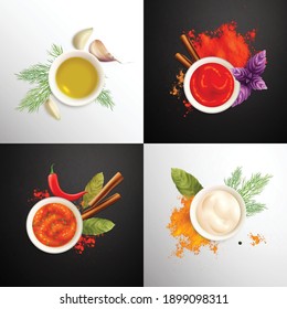 Spices 2x2 design concept made up of cups with mustard ketchup mayonnaise decorated by herbs realistic vector illustration