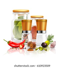 Spices 3d composition with bay leaves in glass jar pepper mill nutmeg on white background vector illustration