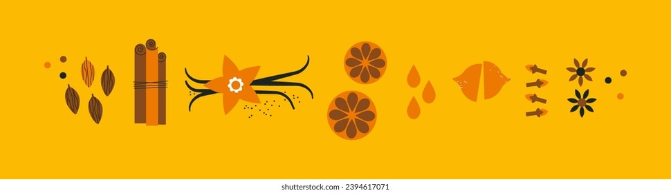 Spices abstract vector collection. Cardamom, star anise, cinnamon stick, vanilla, cloves. Horizontal banner with spices. Spices for baking. Cooking and mulled wine ingredients. Spices shop logo.