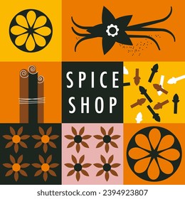 Spices abstract vector pattern. Cinnamon stick, vanilla, dried orange slices, cloves, and brown anise flower. Simple, geometric, modern style. Abstract background for poster, menu, cafe, spice shop.