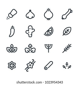 Spices and aromatics icon set. Simple and minimal line symbols of common herbs and seasonings. Vector illustration.