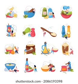 Variedad de especias íconos planos ajustados con personajes mini personas añadiendo a los platos salina ajo de pimienta negro canela vainilla aislada ilustración vectorial