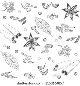 Spices background. Hand-drawn spices on white background.