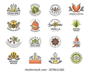 Spices badges. Kitchen preparing food herbal ingredients healthy natural aroma leaves herbs spices recent vector labels with place for text