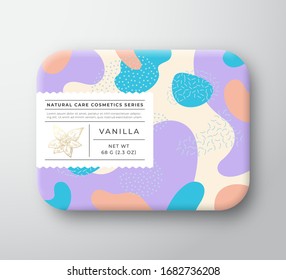 Spices Bath Cosmetics Package Box. Vector Wrapped Paper Container with Care Label Cover. Packaging Design. Modern Typography and Hand Drawn Vanilla. Abstract Camo Background Pattern Layout. Isolated.