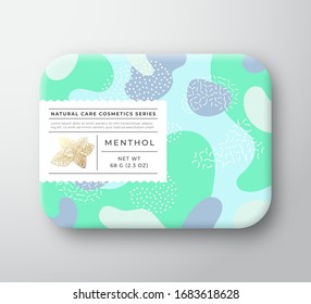 Spices Bath Cosmetics Package Box. Vector Wrapped Paper Container with Care Label Cover. Packaging Design. Modern Typography, Hand Drawn Mint Leaves. Abstract Camo Background Pattern Layout. Isolated.