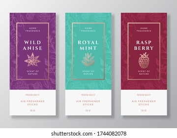 Spices and Berries Home Fragrance Abstract Vector Labels Template Set. Hand Drawn Sketch Flowers, Leaves Background and Retro Typography. Premium Room Perfume Packaging Design Layout Bundle. Isolated.