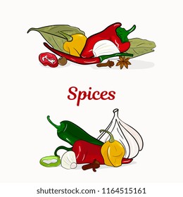 Spices in border. Hand drawing. Garlic, hot pepper, green, yellow, red, cloves, pepper, bay leaf, tubby. hand-drawing.