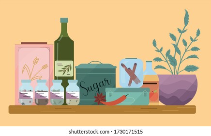 Spices, bottle of olive oil, apple vinegar,  vintage metal boxes, flour, sugar and pot with a mint on the kitchen shelf