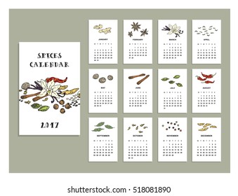 Spices calendar of 2017. Vector illustration. Isolated