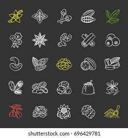 Spices chalk icons set. Flavorings, seasonings. Peanut, vanilla, cardamom, anise, allspice. Isolated vector chalkboard illustrations