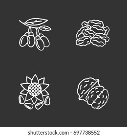 Spices chalk icons set. Sunflower seeds, raisins, goji berries, walnut. Isolated vector chalkboard illustrations