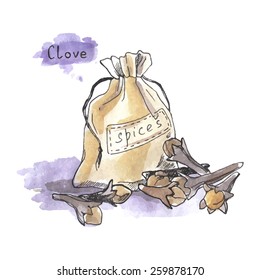 Spices: clove, watercolor illustration.