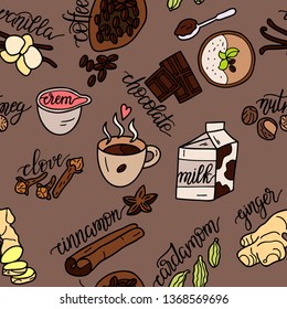 Spices for coffee. Vector simple pattern with spices. Hand drawn illustration. 