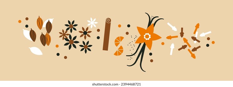 Spices collection. Abstract horizontal banner with spices. Cardamom, brown anise flower, cinnamon, vanilla, cloves, pepper. Spices for baking or making a drink. Cooking and mulled wine ingredients.